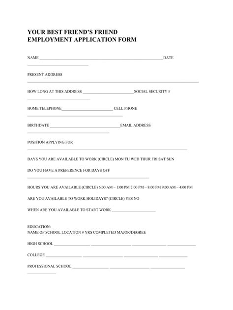 Blank Best Friends Application Form 